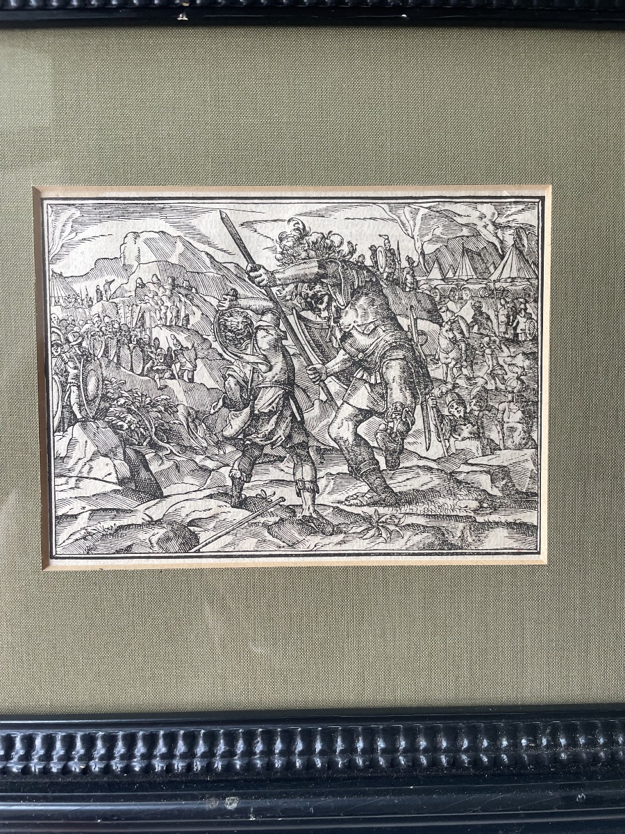 Gravure sur bois gravé XVI eme David et Goliath 