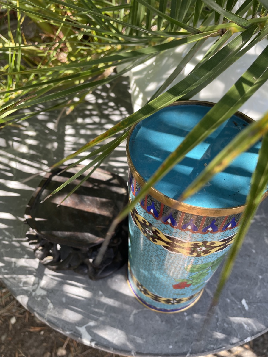 Asian Cloisonné Vase With A Wooden Base -photo-2