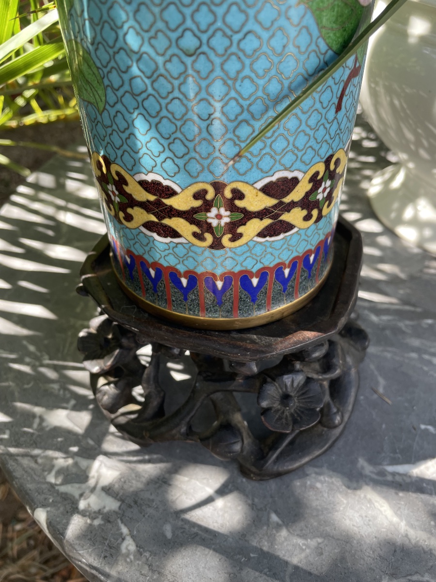Asian Cloisonné Vase With A Wooden Base -photo-3