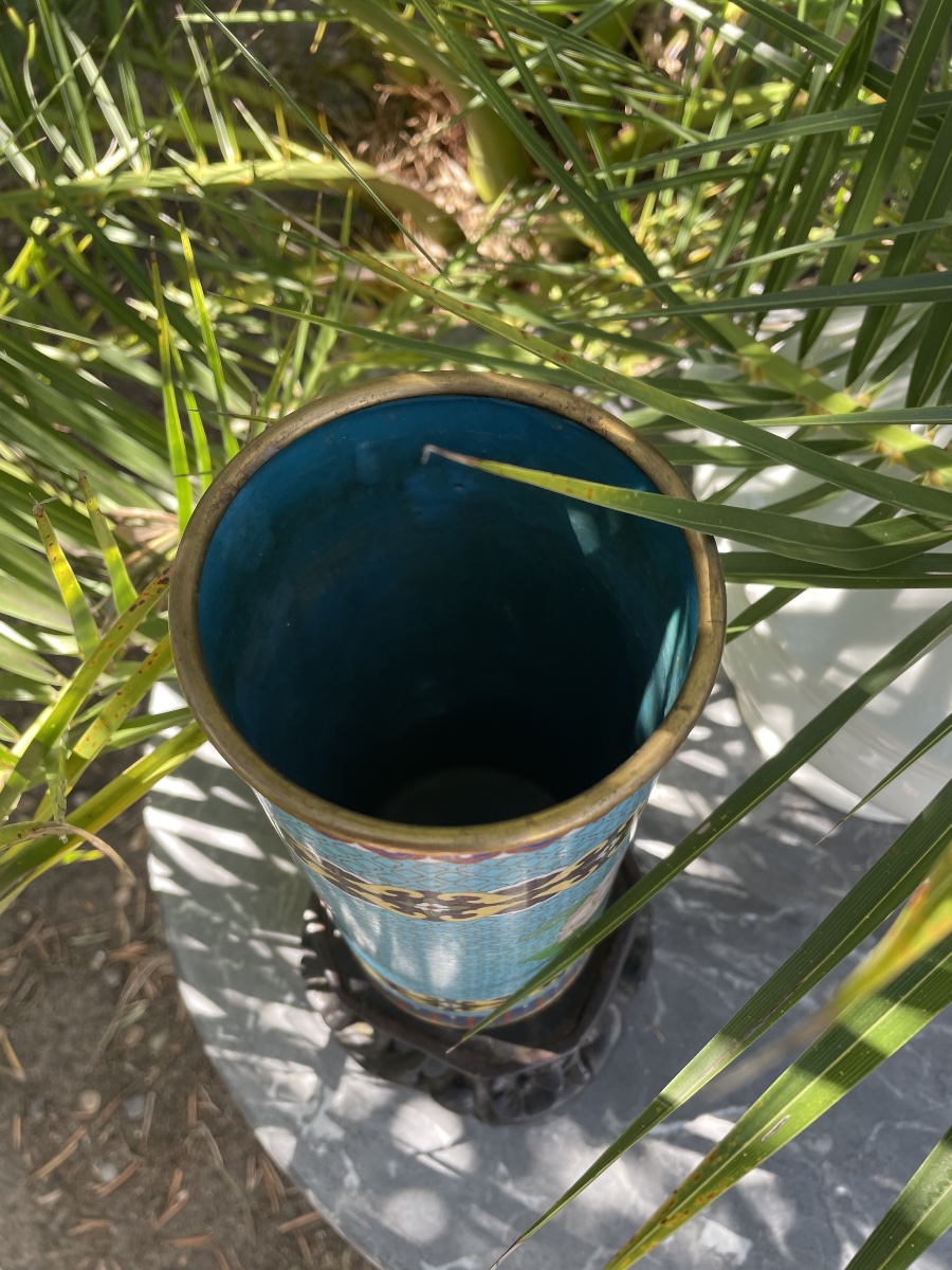 Asian Cloisonné Vase With A Wooden Base -photo-4