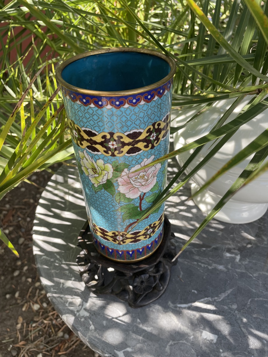 Asian Cloisonné Vase With A Wooden Base -photo-1