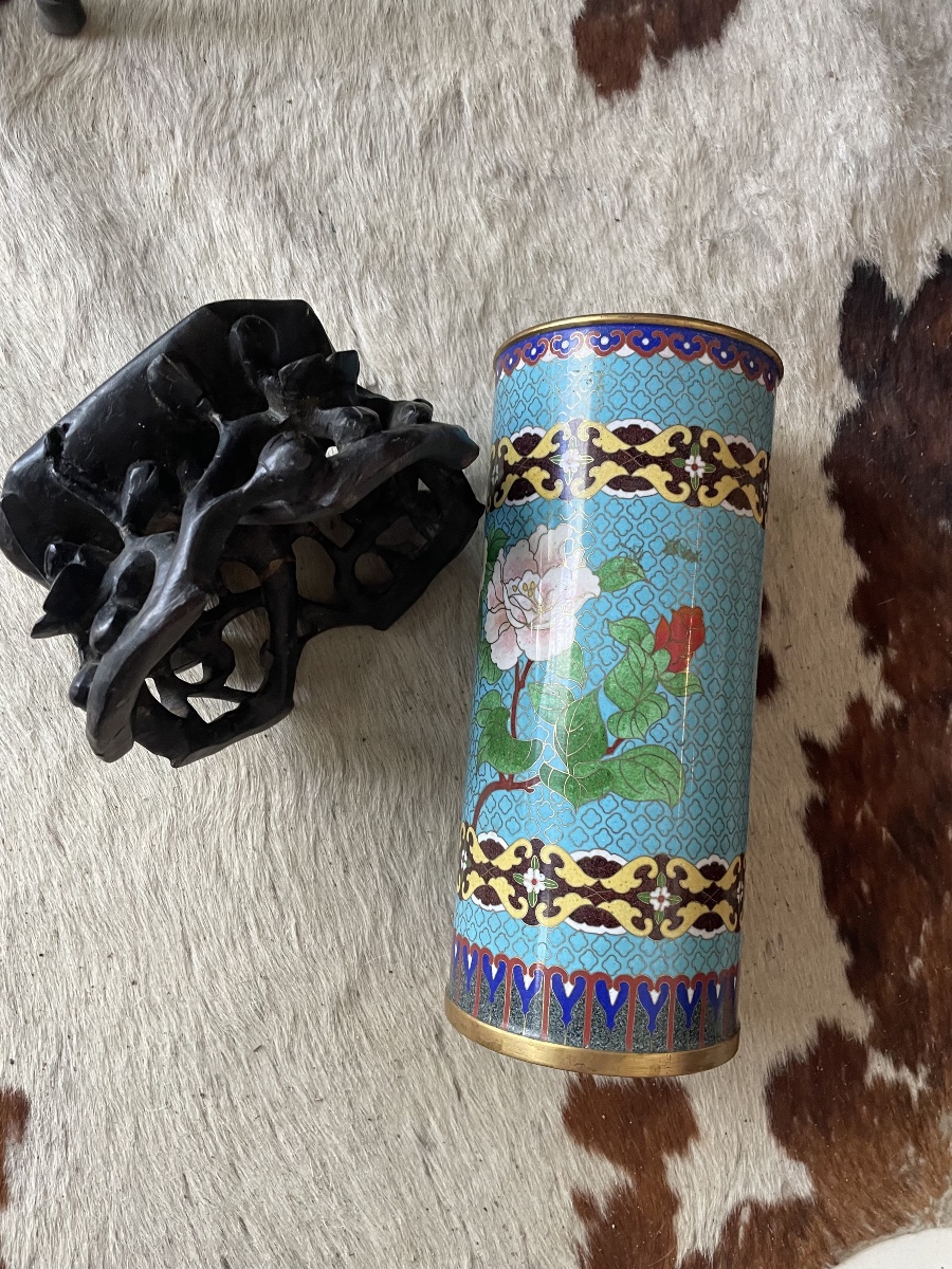 Asian Cloisonné Vase With A Wooden Base -photo-5