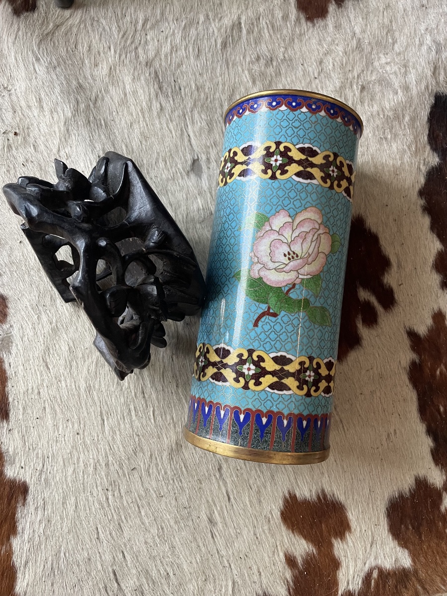 Asian Cloisonné Vase With A Wooden Base -photo-6