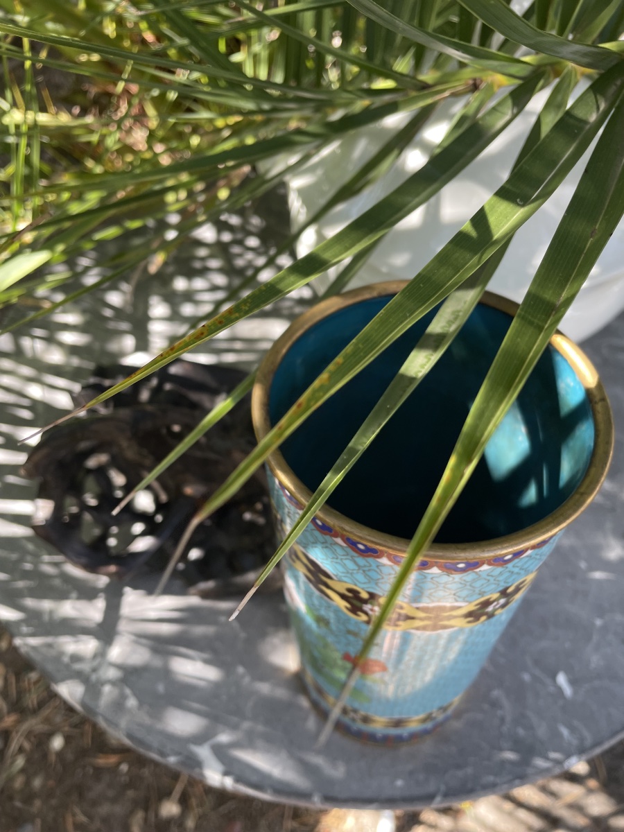 Asian Cloisonné Vase With A Wooden Base -photo-8