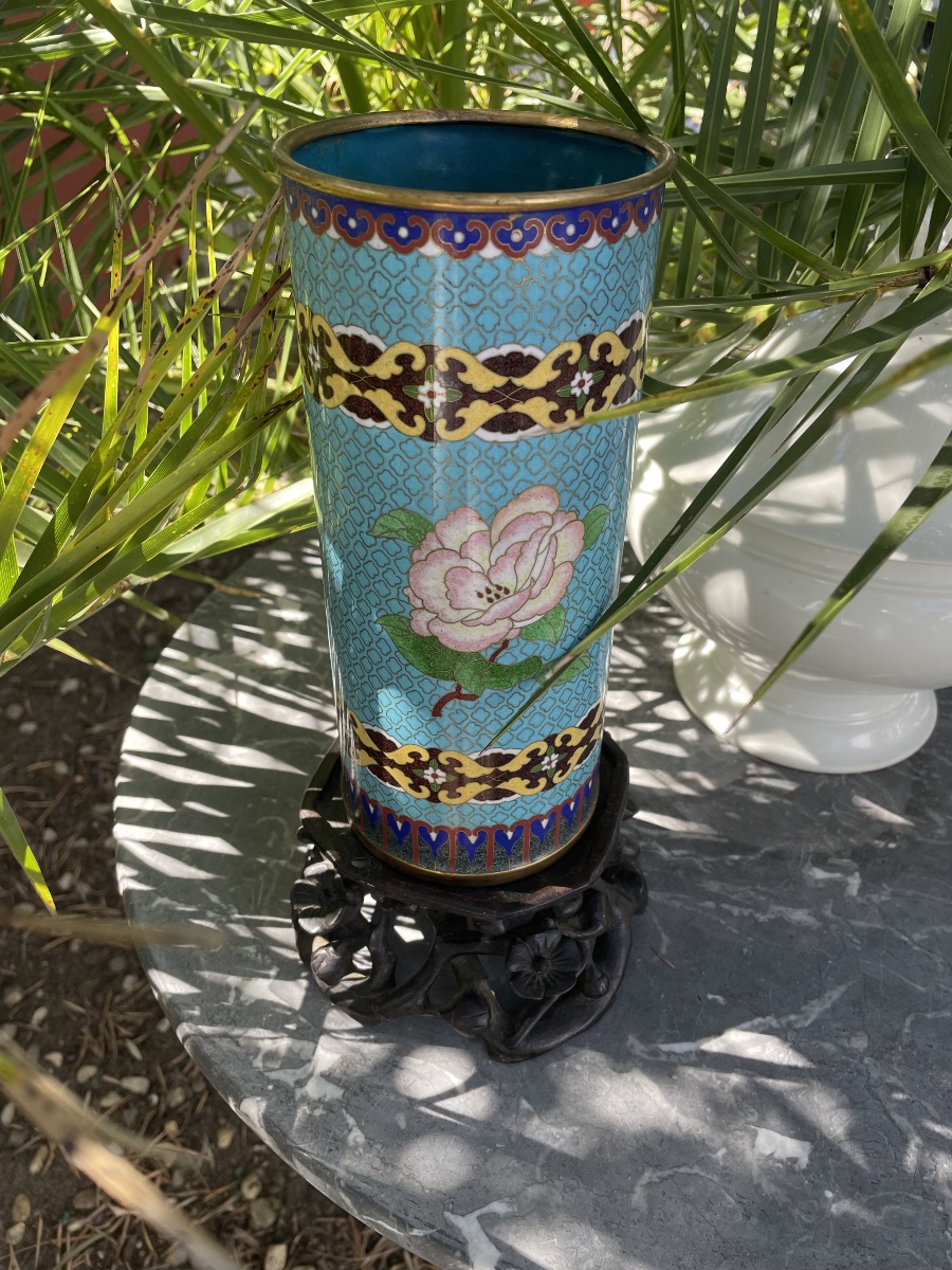 Asian Cloisonné Vase With A Wooden Base 