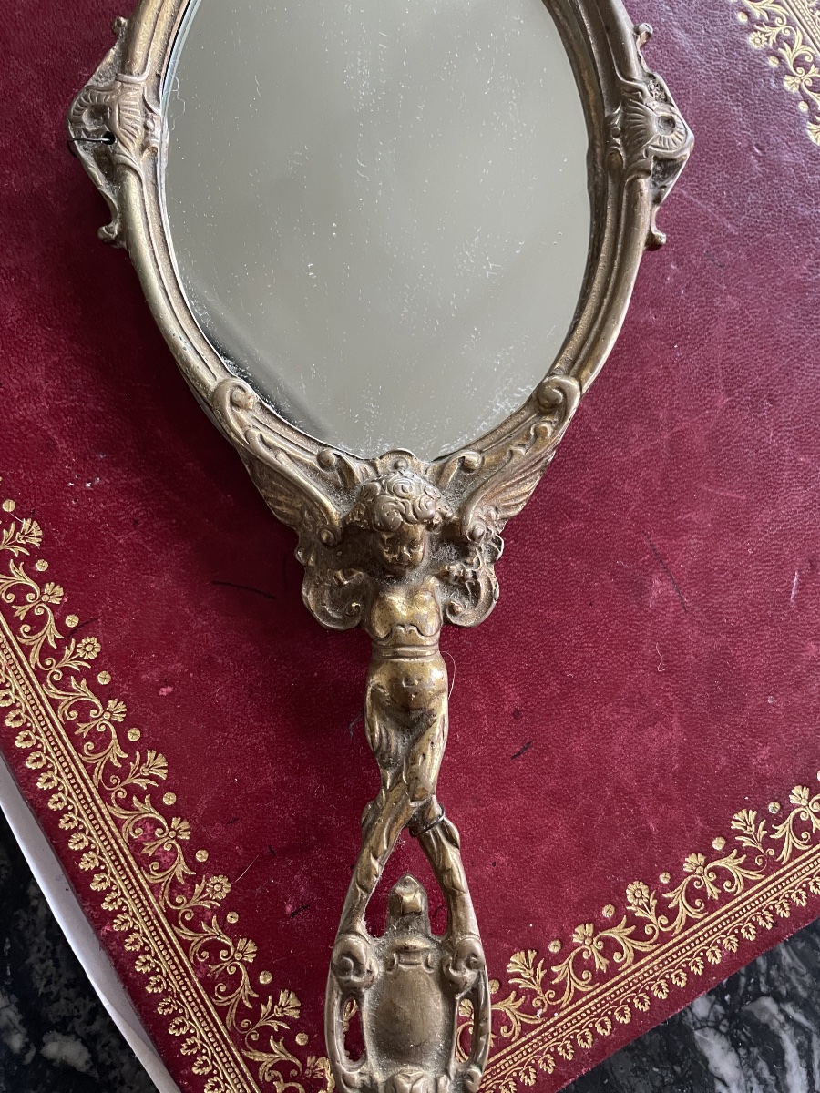 Miroir face à main bronze doré -photo-2