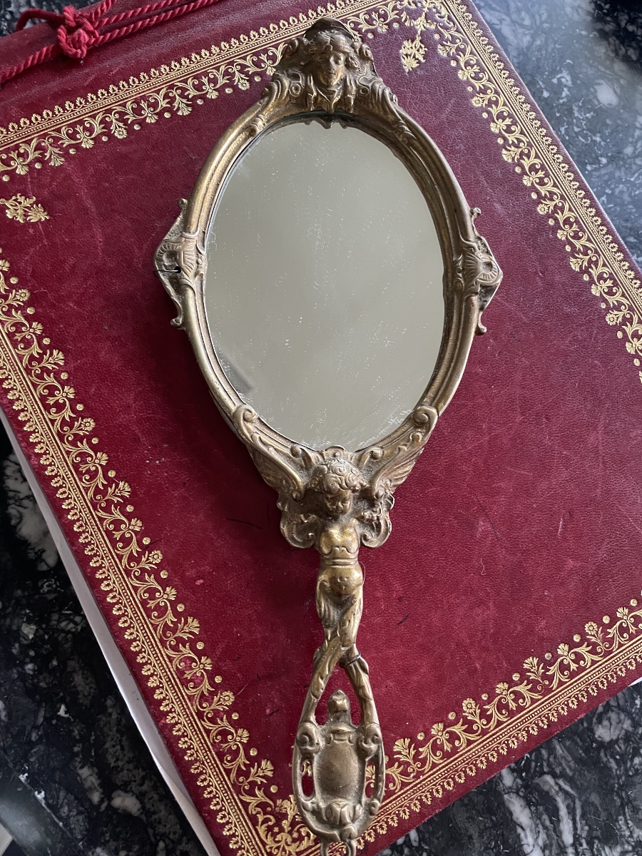 Miroir face à main bronze doré 