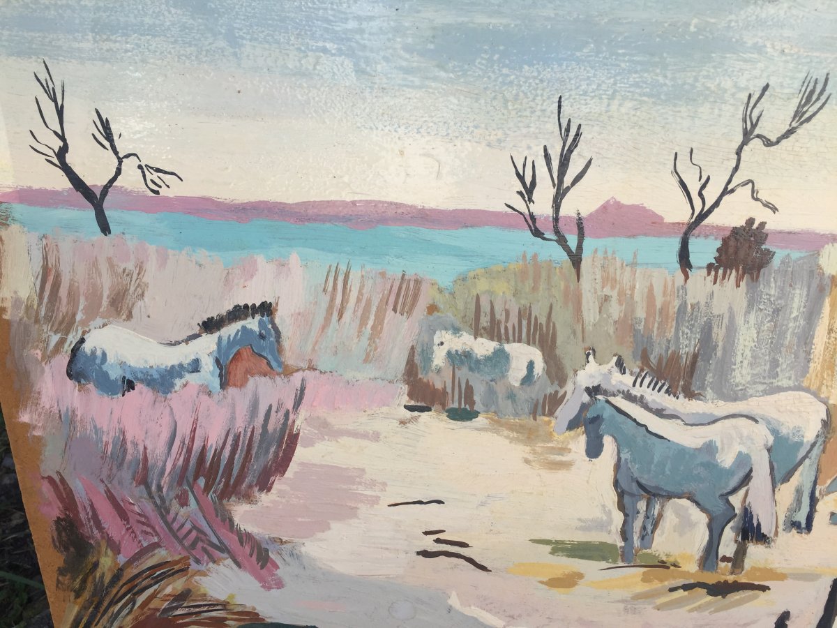 Camargue Horses Oil On Panel-photo-4