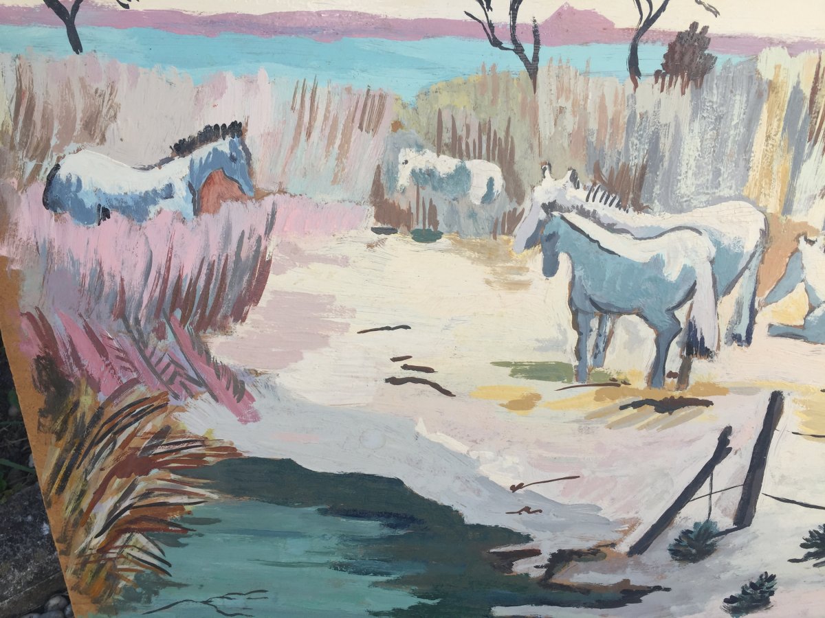 Camargue Horses Oil On Panel-photo-1