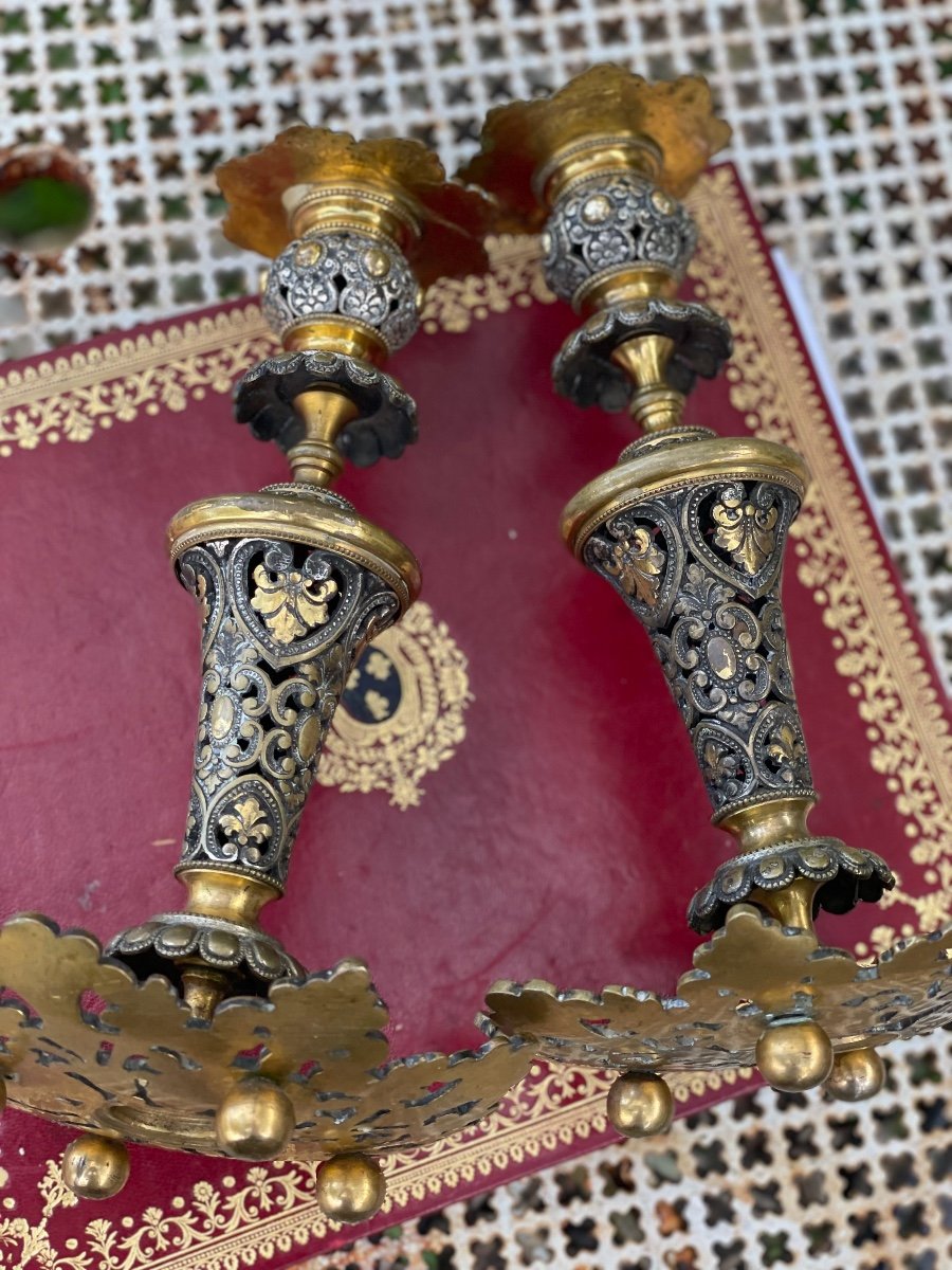 Pair Of Silver And Bronze Candlesticks