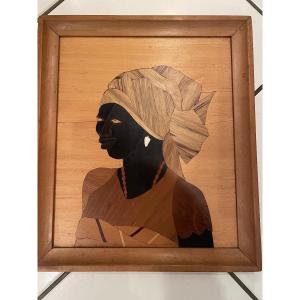 Tableau Africaniste En Marqueterie Bois 