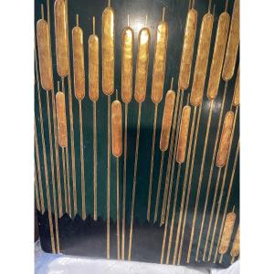 Lacquered Panel With Golden Cattails