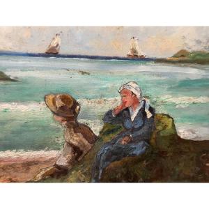 Mother And Her Son At The Edge Of The Lecornec Coastline