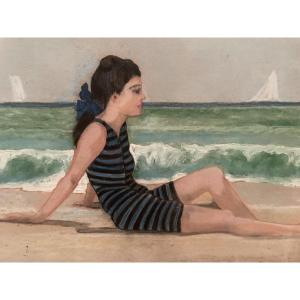 Young Girl In A Striped Swimsuit