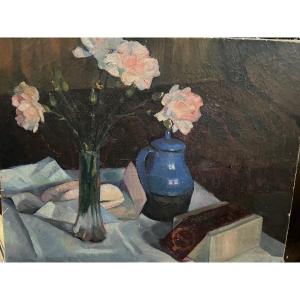 Vase Bleu Et Roses De Georges Dufrenoy
