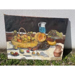 Large Still Life Painting With Fruits And Pumpkin 