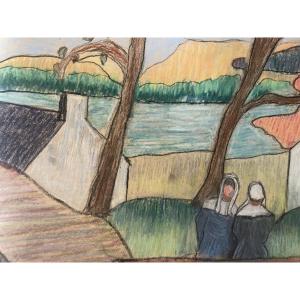 Pastel Of Two Breton Women 