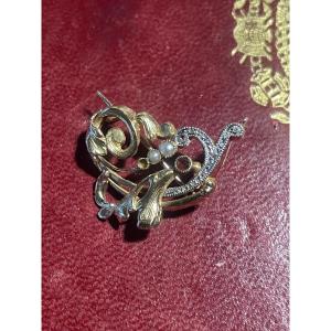 Gold Brooch With Ruby, Pearl, And Diamond 