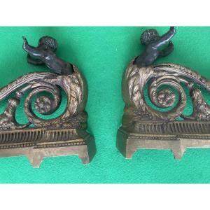 Bronze Andirons With Cherubs 