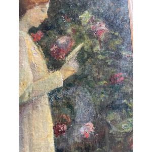 Jeune fille à la lecture au jardin fleuri 