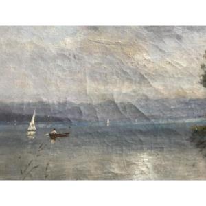 Barques et voiliers sur un lac 