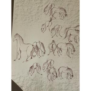 Lithographie asiatique en triptyque de chevaux 