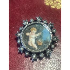 Broche argent miniature et perles XVIII eme 