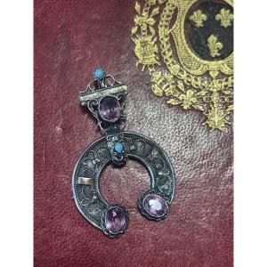 Pendentif argent , améthystes et turquoises