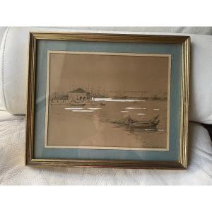 Drawing By Louise Abbema: The Harbor And Boats