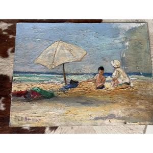 Mother And Child At The Beach By C. Bernard