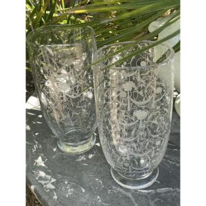 Pair Of Engraved Crystal Vases By Baccarat 