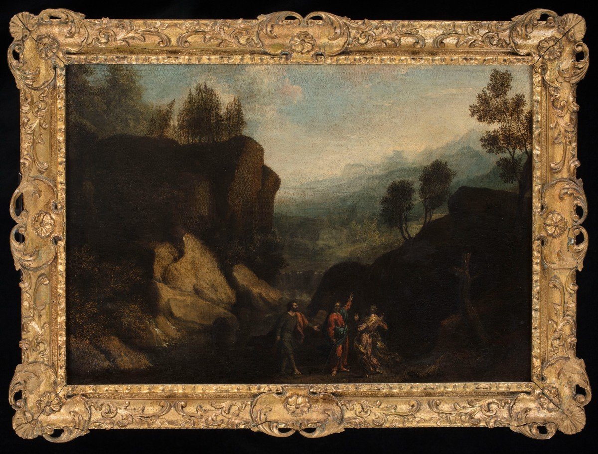 École d'Italie du Nord du XVIIème siécle Paysage avec Christ et Apôtres