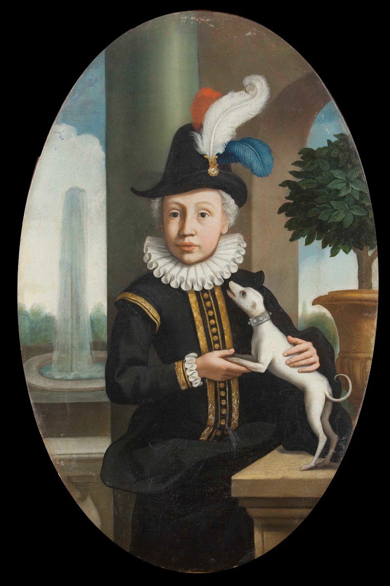 Maître du XVIIIème siècle - Portrait d'un garçon avec avec un chien