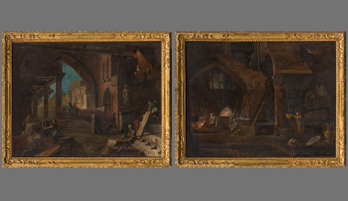 Pietro Paltronieri, Called Il Mirandolese (mirandola 1673–bologna 1741)  Couple Of Interiors 