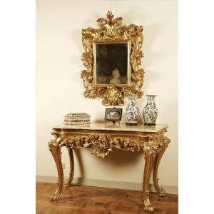 A Giltwood Marble Top Console, Naples, Mid-18th Century 