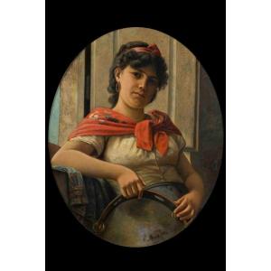 Giovanni Muzzioli, entourage (Modène 1854-1894) Jeune femme avec un tambourin