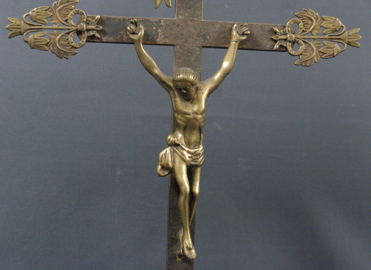 Grand Crucifix 17ème Bronze Et Fer-photo-2