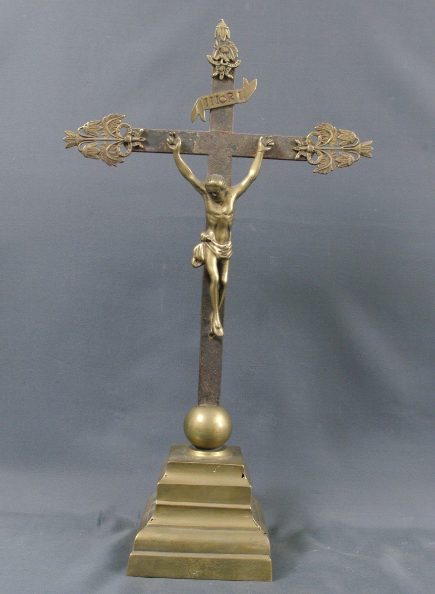 Grand Crucifix 17ème Bronze Et Fer