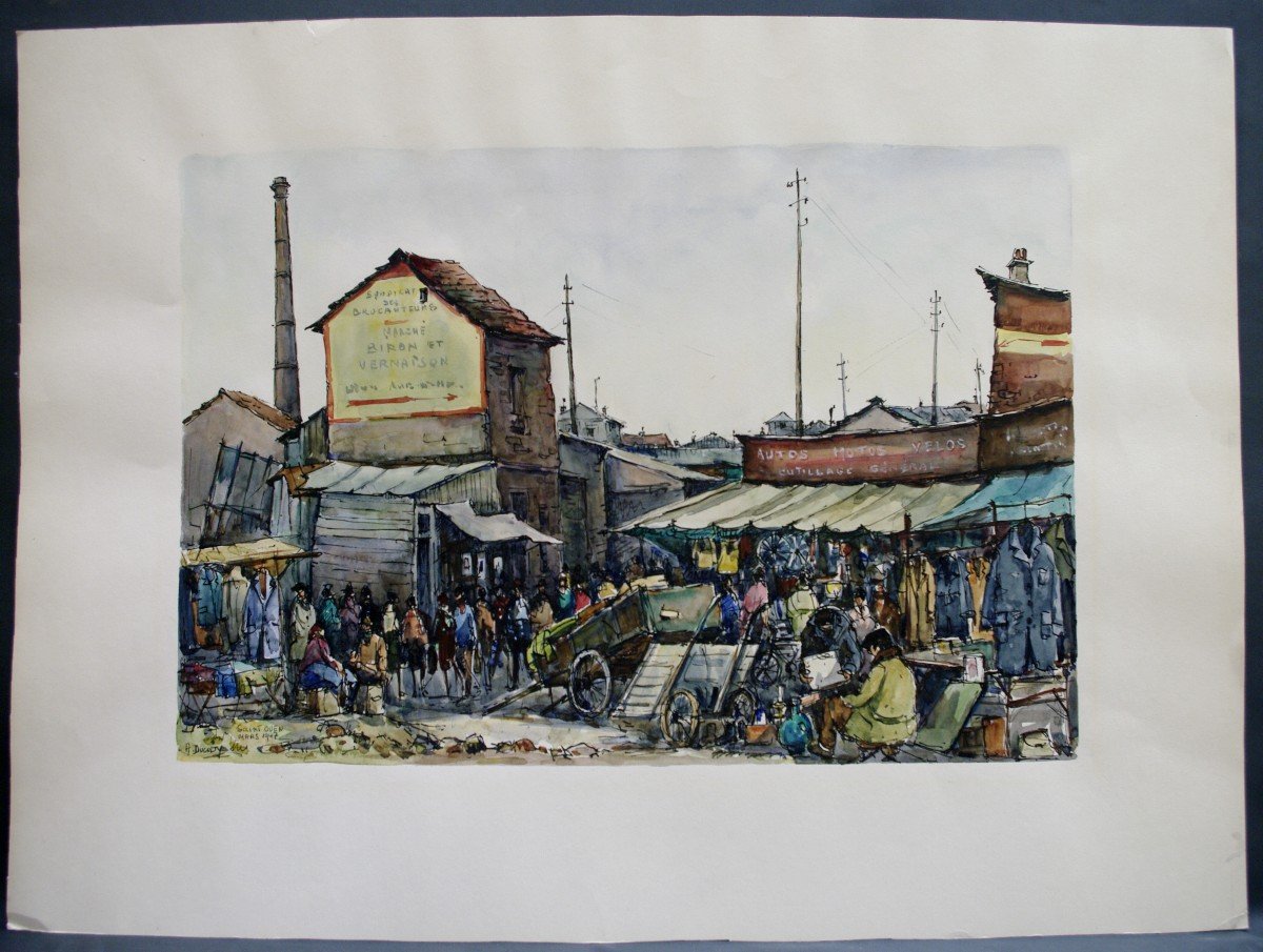 Watercolor André Duculty 1947 Saint Ouen Market Biron And Vernaison