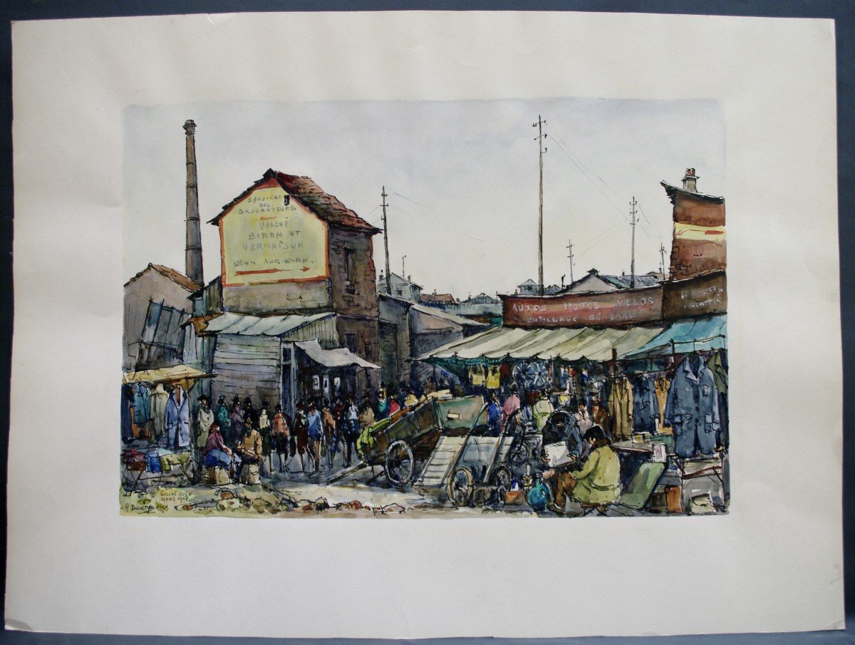 Aquarelle André Duculty 1947  Saint Ouen Marché Biron Et Vernaison