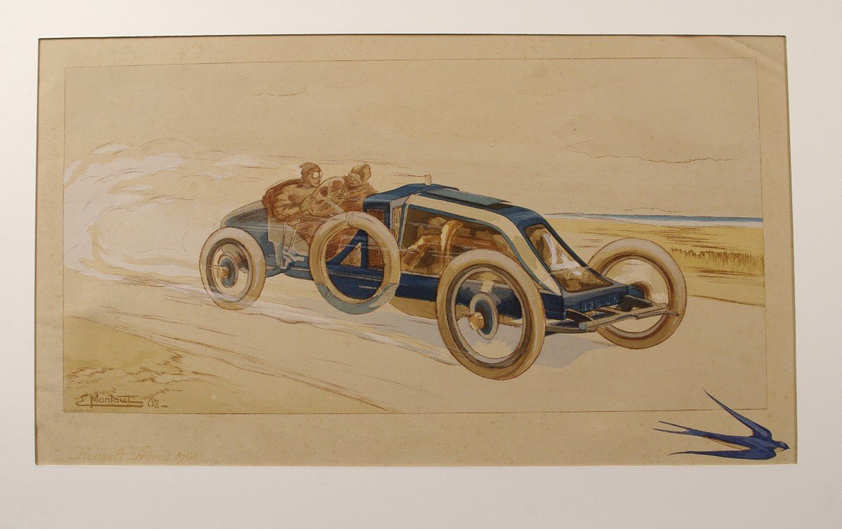 Poster 1908 Original Gouache Lithograph Montaut Renault Frères Automobile