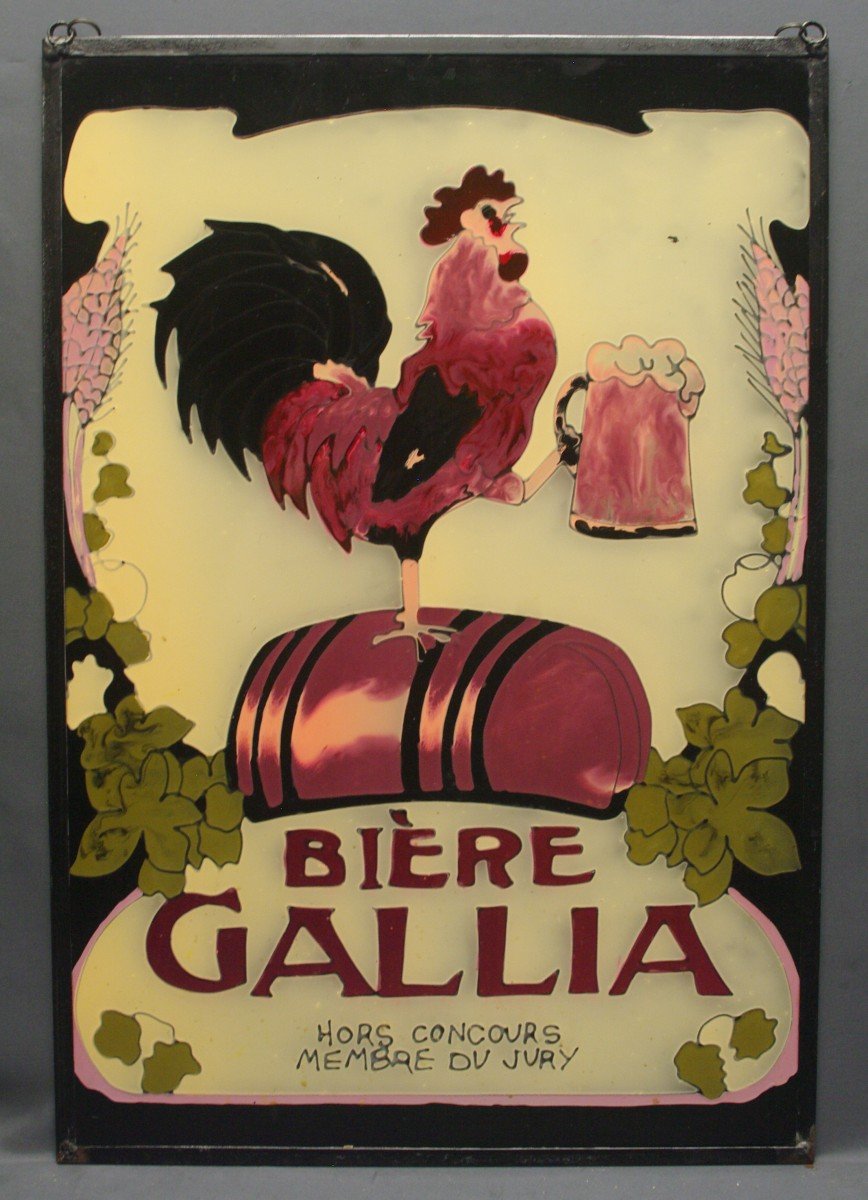 Originale Publicité Bière Gallia Peinte Sur Verre début 20ème