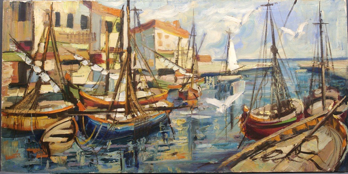 Large Oil Painting On Canvas Around 1950 Marine Boats Sailboats-photo-2