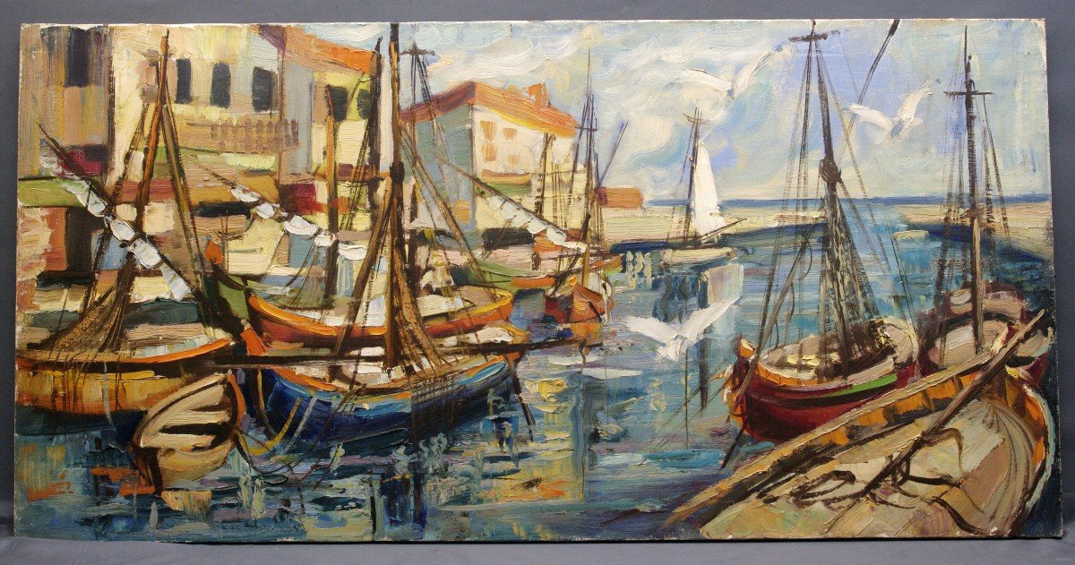 Large Oil Painting On Canvas Around 1950 Marine Boats Sailboats