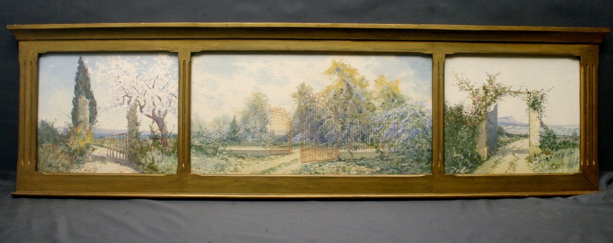 Watercolor Alphonse Rey Triptych Late 19th Côte d'Azur Mediterranean