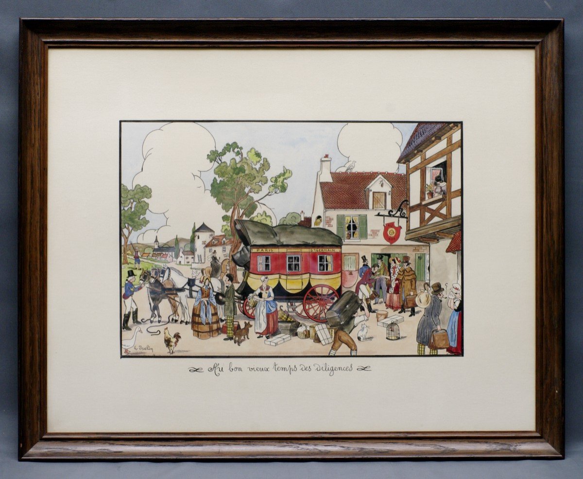 Original Watercolor Henri Islin The Diligences 1930