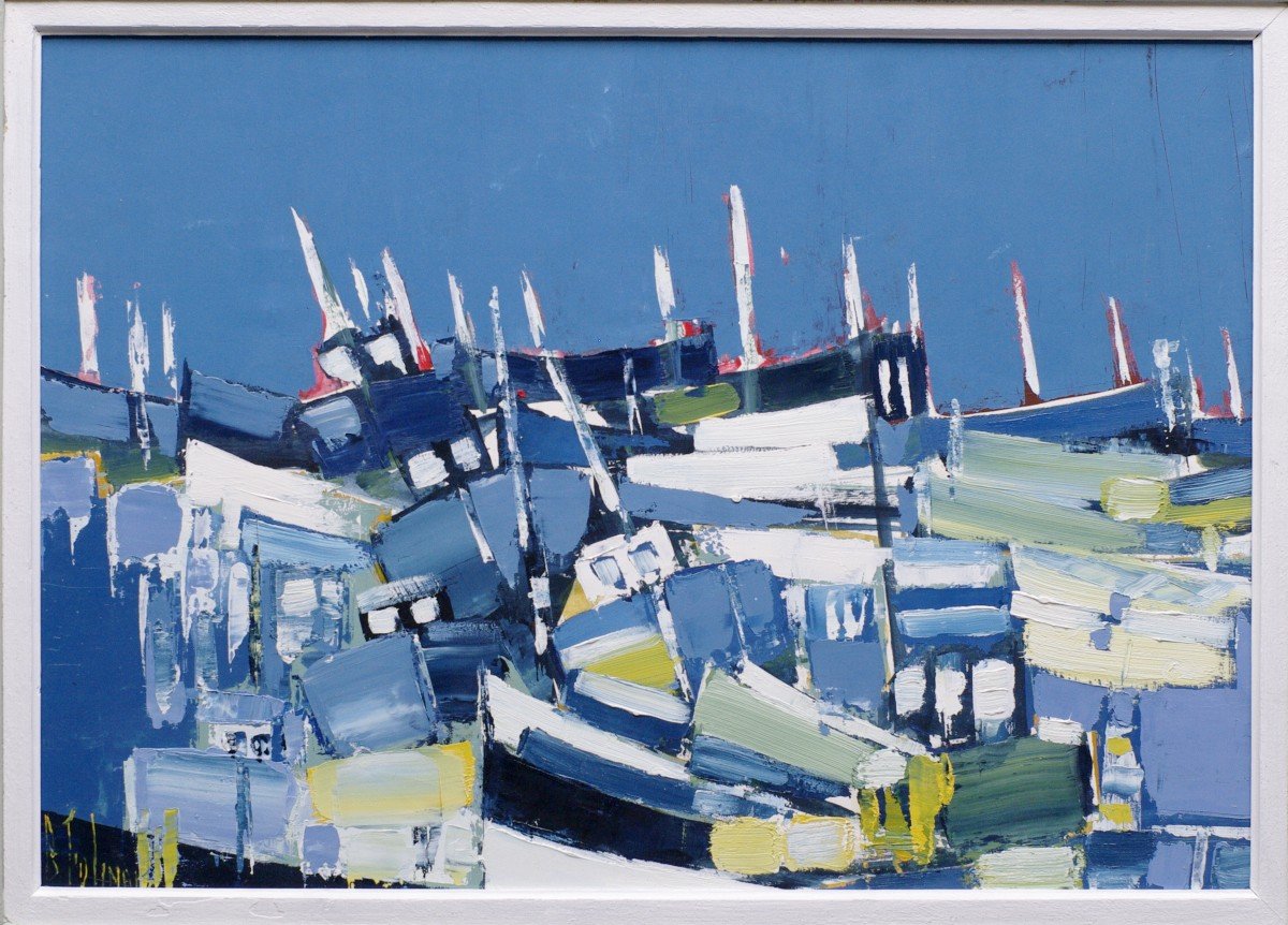 Painting Bernard Folinais Around 1970 Sailboats In Port-photo-2