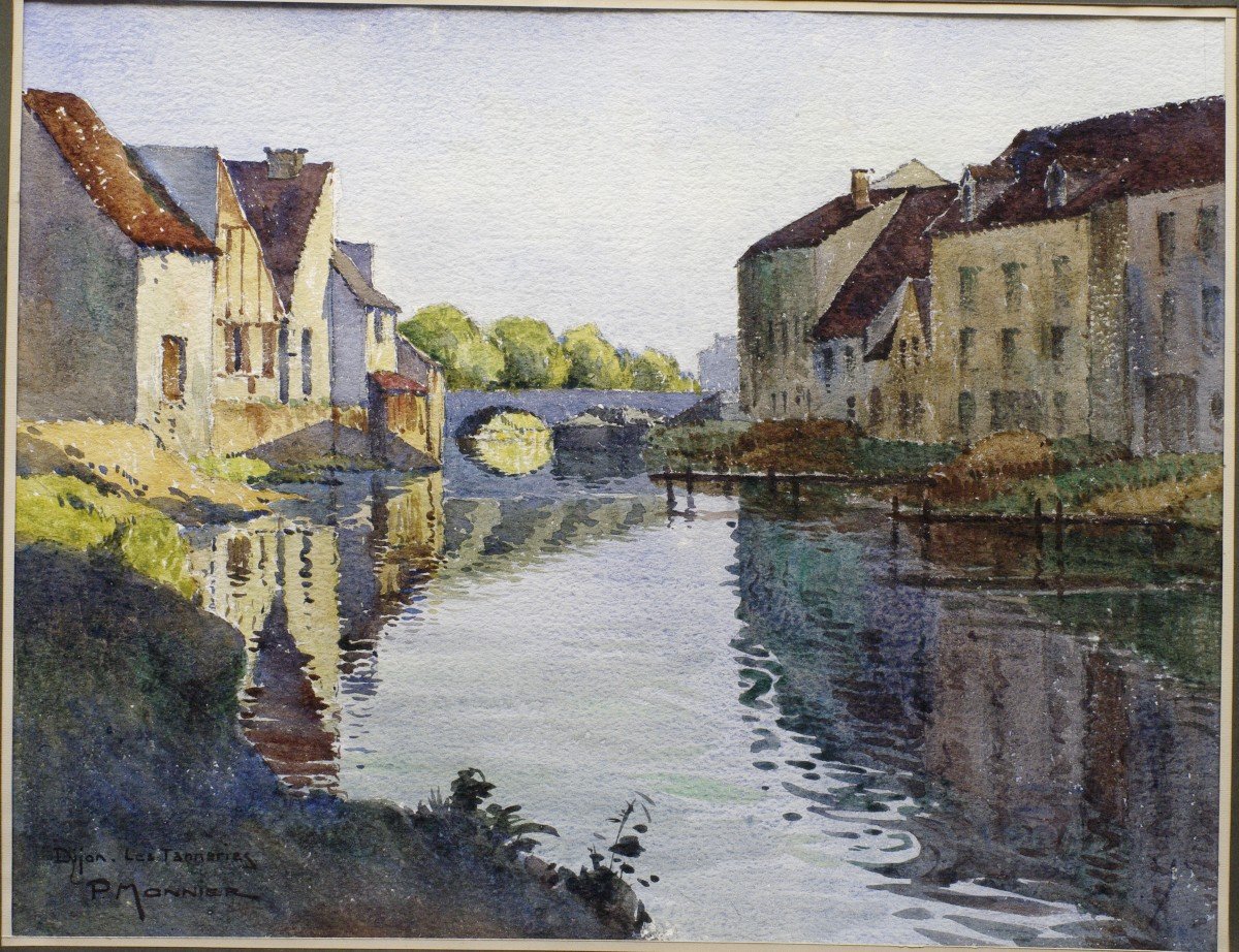 Watercolor Dijon Les Tanneries P. Monnier Early 20th Century