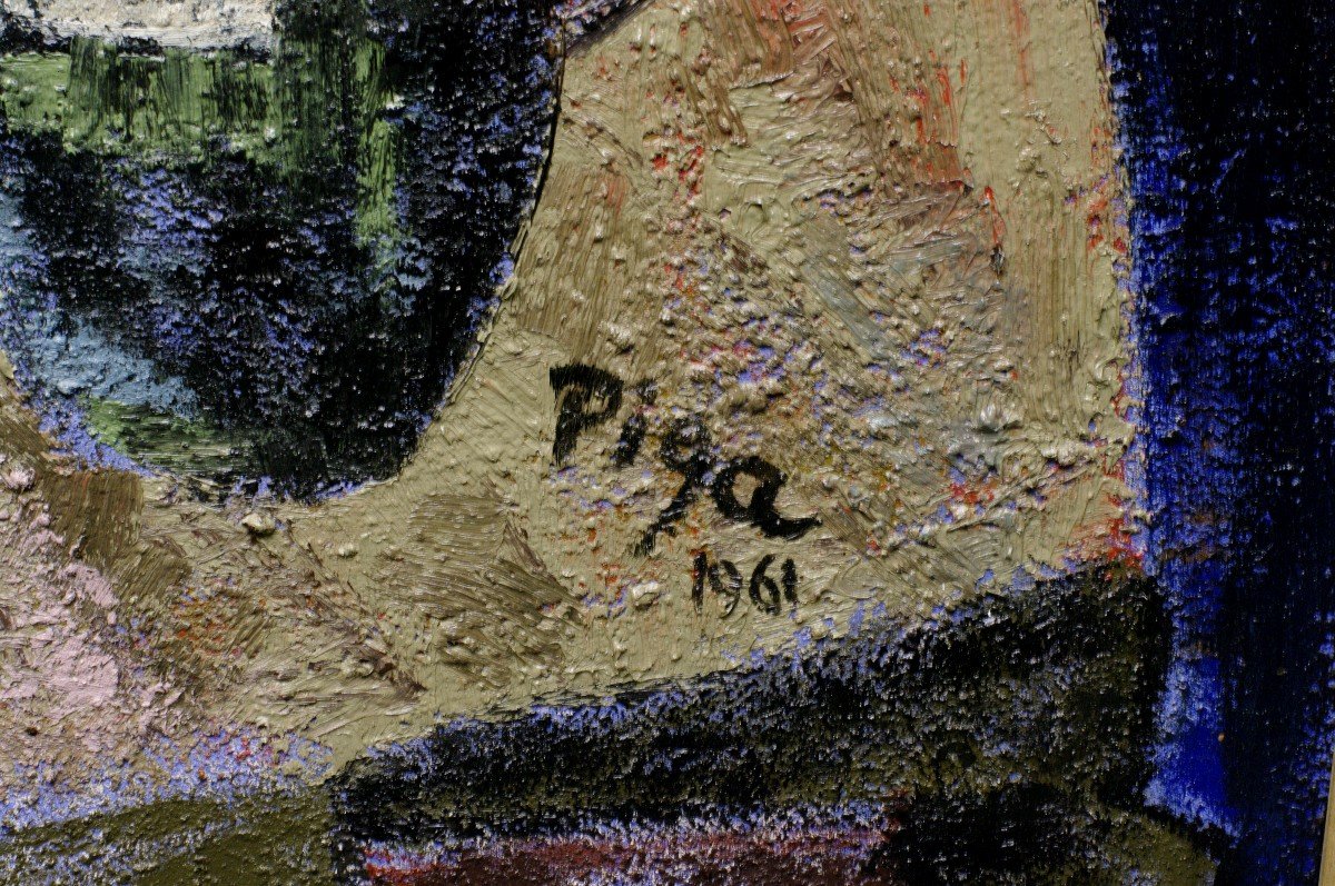 Grand Tableau Bernard Piga 1961 Fleurs Fruits Et Bouteilles-photo-3