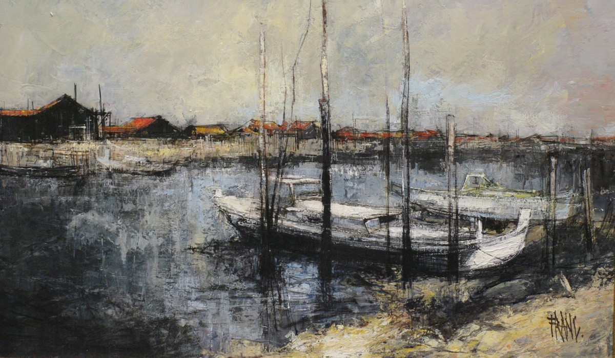 Tableau par François Franck Bassin d'Arcachon Pinasses aux Piquets vers 1970-photo-4